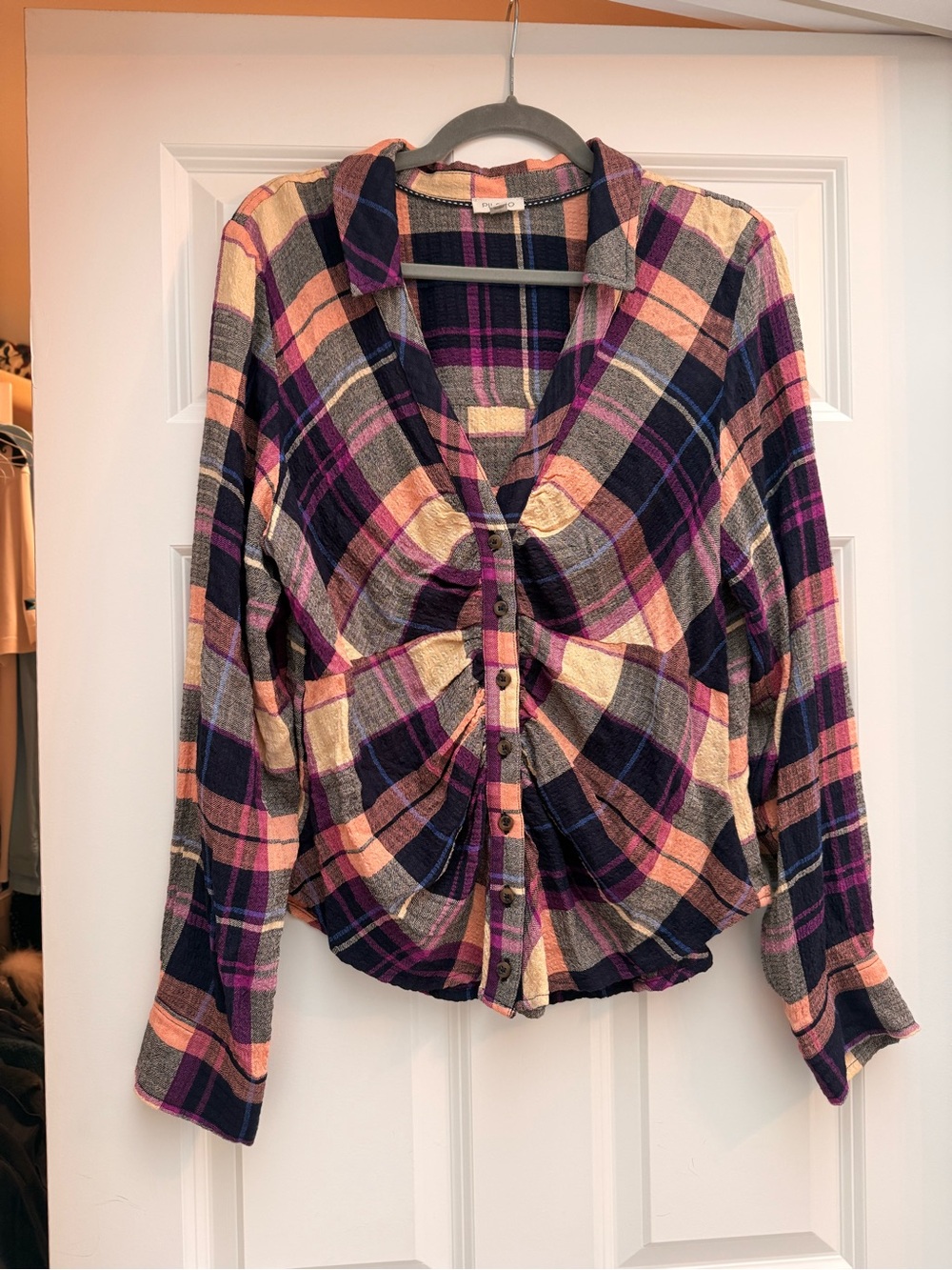 Pilcro Pink, Navy & Gray Plaid Twist-Hem Button-Down Shirt